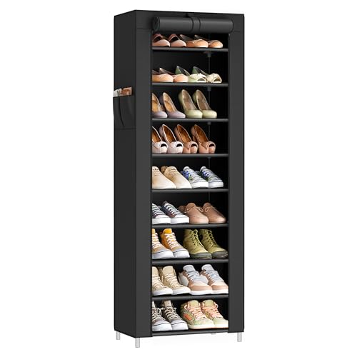 SONGMICS 10-Tier Shoe Rack, Shoe Storage Cabinet with Dustproof Cover, Free-Standing Storage Organizer for Closet, Entryway, Hold 20 Pairs of Shoes, for Sneakers, High Heels, Black URXJ034BH01 - color: Black, size: 10 Tiers (18.9"W)
