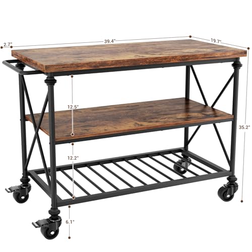 Homieasy Kitchen Island Cart with Wheels, 3-Tier Wood and Metal Rolling Kitchen Island Table with Pipe Legs, Storage Shelves & Lockable Casters for Kitchen Dining Room, Rustic Brown - color: Rustic Brown