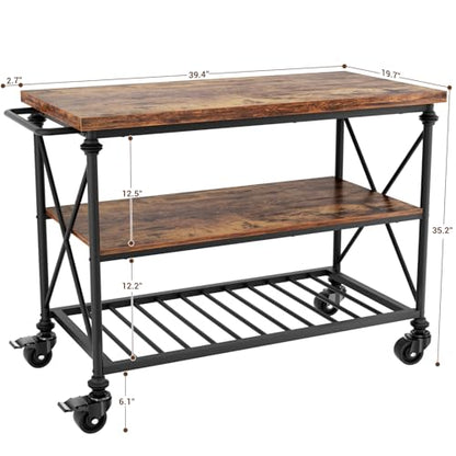 Homieasy Kitchen Island Cart with Wheels, 3-Tier Wood and Metal Rolling Kitchen Island Table with Pipe Legs, Storage Shelves & Lockable Casters for Kitchen Dining Room, Rustic Brown - color: Rustic Brown