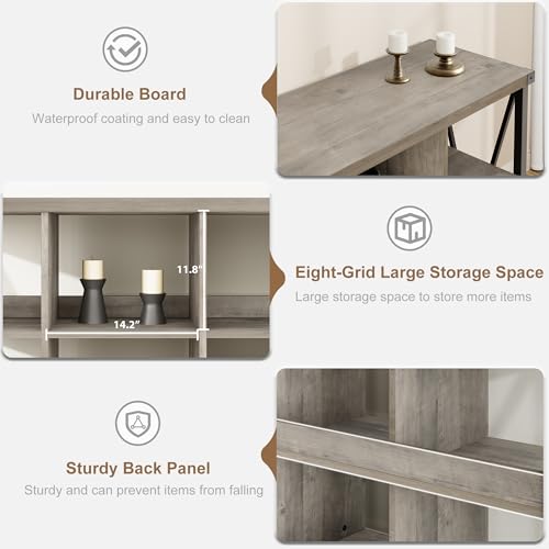 Narrow Console Tables, 2 Tier Entryway Table w/Storage Shelf, 8 Cube Storage Organizer and Shelves, Cube Shelf Bookshelf for Home and Bedroom, 13.4" D x 62.2" W x 30.3" H, Grey