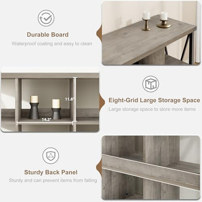 Narrow Console Tables, 2 Tier Entryway Table w/Storage Shelf, 8 Cube Storage Organizer and Shelves, Cube Shelf Bookshelf for Home and Bedroom, 13.4" D x 62.2" W x 30.3" H, Grey