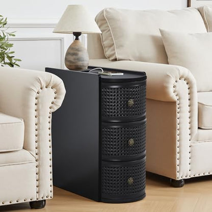 Narrow End Table with 3 Drawer, Metal Rattan Side Table with Storage, Narrow Charging Nightstand for Bedroom Bedside, Living Room Couch Sofa, Office, Desk Side Table for Small Spaces - Black - size: Drawer Black-1pcs