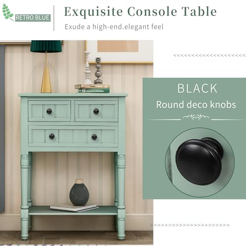 24'' Entryway Table, Small Console Table with Storage Drawers and Shelf, Hallway Table for Entryway Hallway Foyer, Farmhouse Solid Wood Frame (Retro Blue) - color: Retro Blue