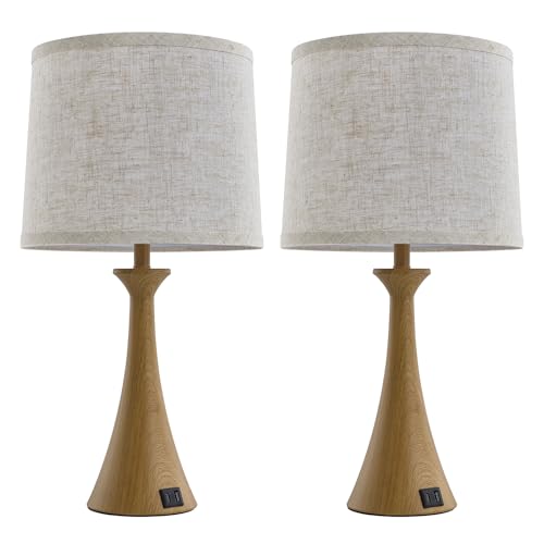 Touch Lamp for Living Room Bedroom, 21" Table Lamps Set of 2 with USB C+A Ports and Oatmeal Lamp Shades, Touch Bedside Lamps for Nightstand with 3 Way Dimmable, 2 LED Bulbs Included, Wood Grain - color: Wood Grain
