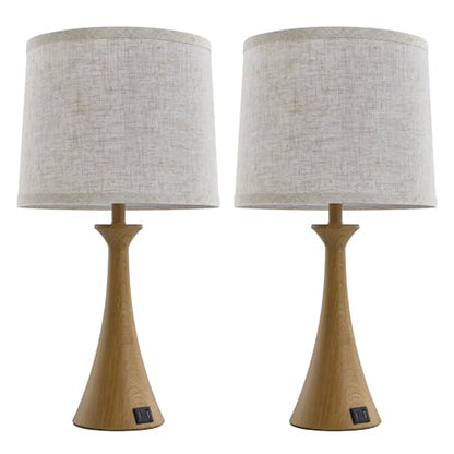 Touch Lamp for Living Room Bedroom, 21" Table Lamps Set of 2 with USB C+A Ports and Oatmeal Lamp Shades, Touch Bedside Lamps for Nightstand with 3 Way Dimmable, 2 LED Bulbs Included, Wood Grain - color: Wood Grain