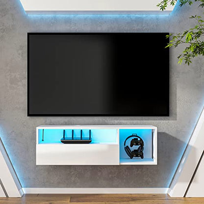 sogesfurniture 39.3'' Floating Wall TV Cabinet Stand with LED Lights, Wall Mounted Entertainment Center with Storage Shelves, Modern High Gloss Media Console for Living Room, Bedroom - size: 39.3''-White