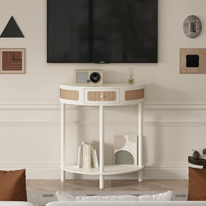 Wnutrees Rattan Half Moon Console Table, Modern Entryway Table with Drawer, Boho Sofa Table with Bottom Storage Shelf, Small Semicircular Tables for Hallway, Living Room, White - color: White