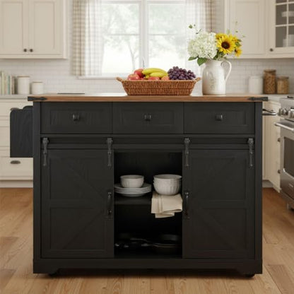 Ball & Cast Kitchen Island with Storage,53.7" Farmhouse Rolling Kitchen Island Cart w/Power Outlet & Drop Leaf,Mobile Island Table w/3 Drawers,Towel Rack and Spice Rack,for Home and Dining Room,Black - color: Black