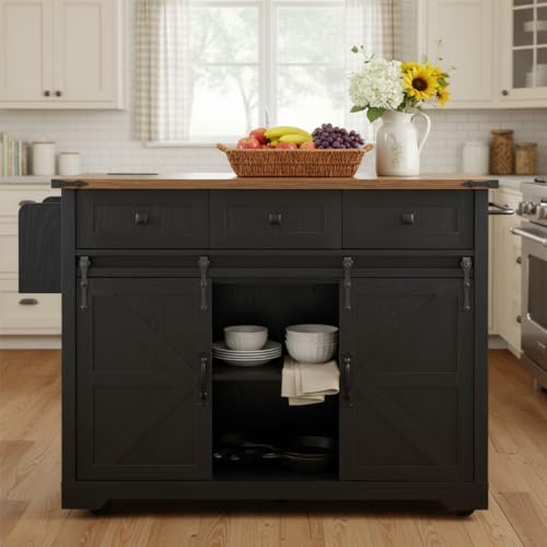 Ball & Cast Kitchen Island with Storage,53.7" Farmhouse Rolling Kitchen Island Cart w/Power Outlet & Drop Leaf,Mobile Island Table w/3 Drawers,Towel Rack and Spice Rack,for Home and Dining Room,Black - color: Black