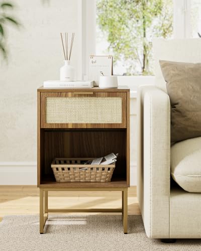 Masupu Rattan Nightstand,Modern Night Stand Boho Farmhouse Wood Bedside Table with Storage Drawer Side End Table for Bedroom, Office,Walnut Brown - color: Rattan-walnut Brown