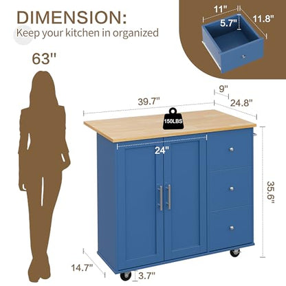 SUNLEI Kitchen Island on Wheels with Storage Cabinet & Foldable Drop Leaf, Rolling Kitchen Table, Cart Handle for Towel Rack, Drop Leaf, Portable Islands for Kitchen (Classic Blue, 39.7-INCH) - size: 39.7 INCH, style: Blue