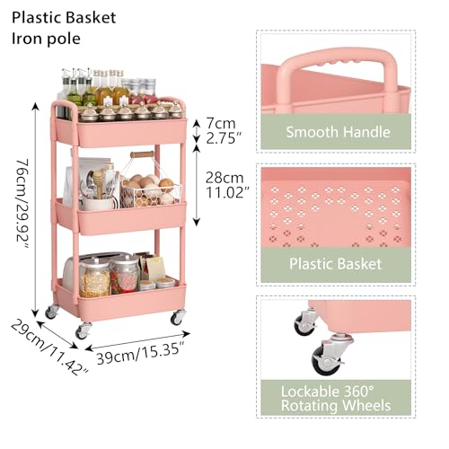 Sywhitta 3-Tier Plastic Rolling Utility Cart with Handle, Multi-Functional Storage Trolley for Office, Living Room, Kitchen, Movable Storage Organizer with Wheels, Pink | Multi-Functional Storage Trolley, for Office, Living Room, Kitchen, Bathroom,Movable