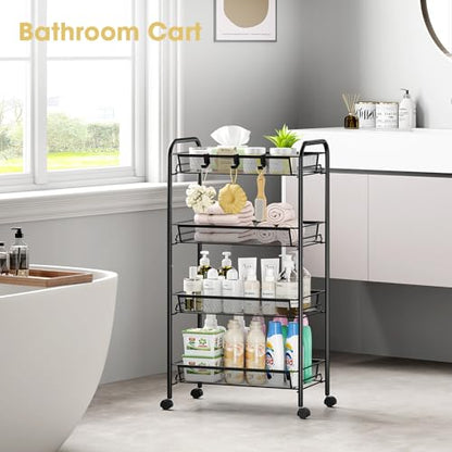 TOOLF 4-Tier Rolling Cart, Metal Utility Cart with 3 Hooks, Easy Assemble Mobile Storage Trolley On Wheels, Metal Shelving Units Kitchen Bathroom Laundry Room - color: Black, size: 4-Tier
