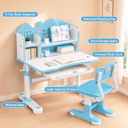 Kids Desk and Chair Set, Height Adjustable Child's School Study Writing Tables, Kids Desk with Bookstand and Storage Drawer, Widened Desktop with Desktop for Boys and Girls (Blue-A-MAX) - color: Blue-a-max