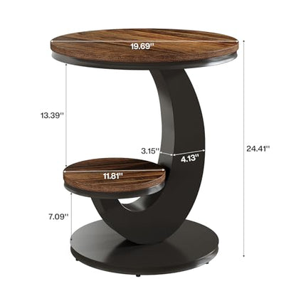 Tribesigns Round End Table with 2-Tier Shelf Storage,C Shaped Wood Side Table for Couch with Metal Frame,Modern Nightstand Accent Table for Living Room,Bedroom,Small Space (Brown) - color: Brown