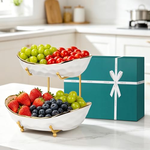Fruit Bowl for Kitchen Counter - 2 Tier Ceramic Fruit Basket, Fruit Holder for Fresh Fruit & Veggies, Modern Tiered Fruit Platter Serving Trays for Party - color: 2White-Rack01
