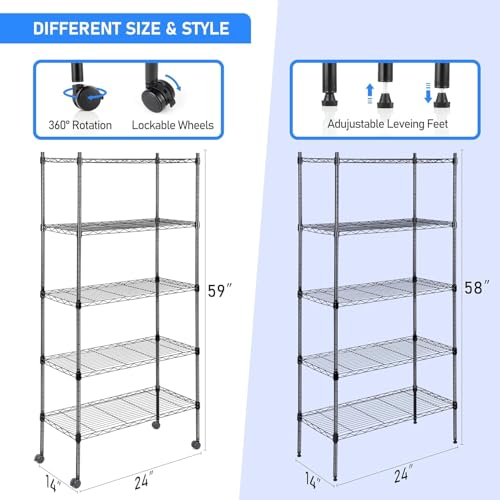 Simple Deluxe 5-Tier Storage Shelving Units, 24.02" W x 13.78" D x 59" H Wire Shelf with Wheels & Leveling Feet, Black - color: Black, size: 5-Tier, 24"W x 14"D x 59"H