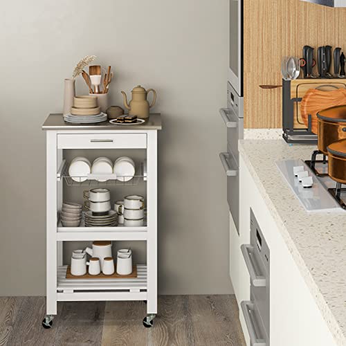 Giantex Kitchen Island Cart, Rolling Kitchen Storage Cart with Stainless Steel Tabletop, Drawer, Basket and Shelf, Utility Service Cart on Wheels for Restaurant Hotel