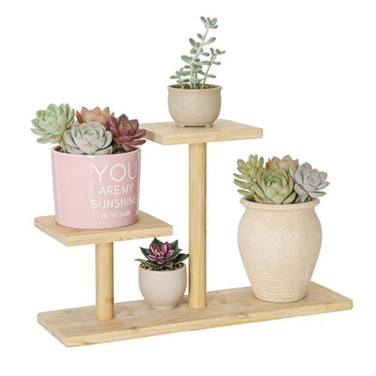 Desktop Plant Stand Indoor Bamboo Mini 3 Tiered Windowsill Shelf Desk Tabletop Shelf Holder Desk Organizer Display Rack for Outdoor Garden Balcony Patio