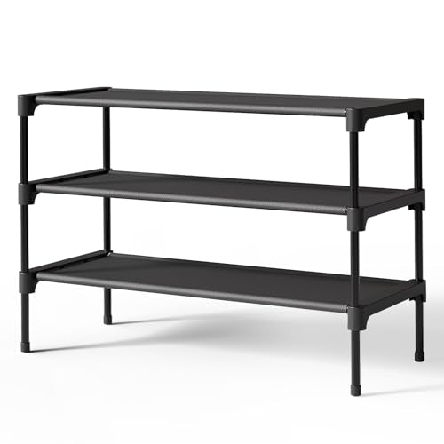 Kitsure Shoe Rack - Non-Woven Shoe Rack Shelf, 27.5" Wide - 3 Tier, Black | Shoe Organizer for Closet, Entryway, Garage, Stackable Shoe Shelves, college dorm&apartment essentials - color: Black, size: 27.5" Wide - 3 Tier