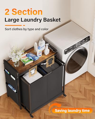 2 Section Rolling Laundry Sorter, Fabric Drawers & Pull-Out Car | Durable, Strudy, Shelf Laundry Hamper, Brake Two Wheels, Bottom Added Panel, Easy to Move, Laundry Room, Bathroom, Bedroom - size: 2 Section without Drawers (103L)