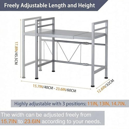 PUSDON Expandable Microwave Oven Rack, 2-Tier Countertop Baker's Rack Style Shelf, Heavy Duty Stand with 3 Hooks, 160lbs Capacity Stainless Steel Appliance Match, Silver Gray - color: Silver Grey, size: H-frame 2 tier