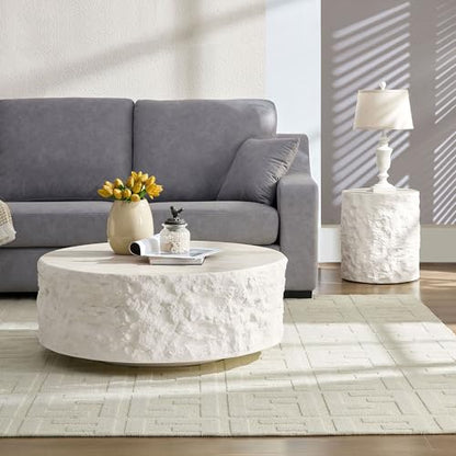 Round Side Table Faux Stone End Table for Living Room Modern Small Coffee Table for Small Space Apartment, No Assembly (Fiberglass-Travertine, 15.75'' x 17.72'') - color: Faux Travertine-15.74inch