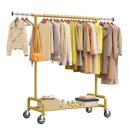 Raybee 75" W Heavy Duty Clothes Rack Load 450 LBS, Metal Garment Storage with Shelf, Lockable Wheels & Anti-Slip Stoppers, Rolling Clothing Rack for Bedroom Laundry Room, Gold - color: Gold, style: Rod Shelf