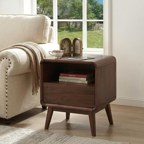 Walnut Night Stand Set of 2, Solid Wood Nightstand with Drawer, Walnut Bedside Table, Mid Century Modern Nightstand, Small Bed Side Table for Small Spaces Bedroom(Dark Black Walnut, 20.47" H) - color: Dark Walnut, style: Drawer & Open Storage-2