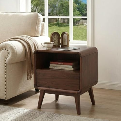 Walnut Night Stand Set of 2, Solid Wood Nightstand with Drawer, Walnut Bedside Table, Mid Century Modern Nightstand, Small Bed Side Table for Small Spaces Bedroom(Dark Black Walnut, 20.47" H) - color: Dark Walnut, style: Drawer & Open Storage-2