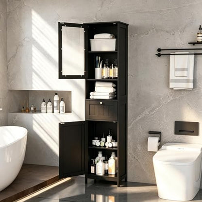 Greenvelly 67" Tall Bathroom Storage Cabinet, Narrow Freestanding Storage Unit with Magnetic Door, Drawer & Adjustable Shelves, Anti-Tip Floor Cabinet for Bathroom, Living Room, Black