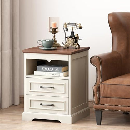 18" Farmhouse Accent Nightstand with Charging Station, Brown | End Table with 3 Drawers Storage, Side Table, Bedside Cabinet for LivingRoom Bedroom Office - color: Brown