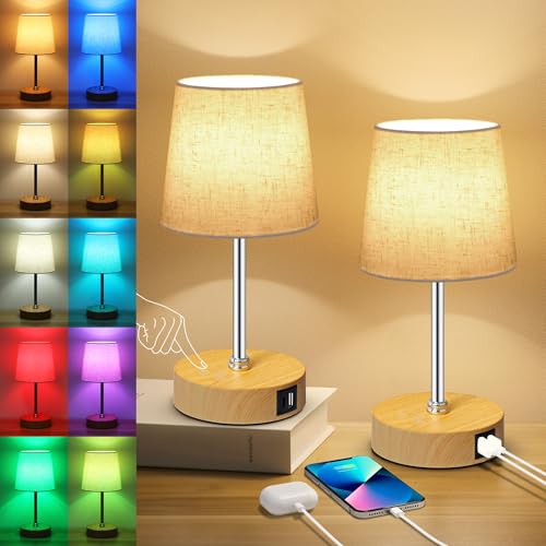 Ascher Small Bedside Table lamp Set of 2, RGB Color Changing Lamps, 3 Color Temperatures, Stepless Dimmable, Nightstand Lamp with USB C+A Ports for Bedroom Living Room, (Flaxen Shade, Wood Grain Base) - color: Wood Grain Base & Flaxen Shade - 2 Pack, size