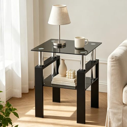 Meihua Tempered Glass End Table, Black Modern Square Side Table with Metal Frame, 2-Tier Glass Accent Table for Living Room, Bedroom, Apartment & Small Spaces - color: Black, size: 1pc