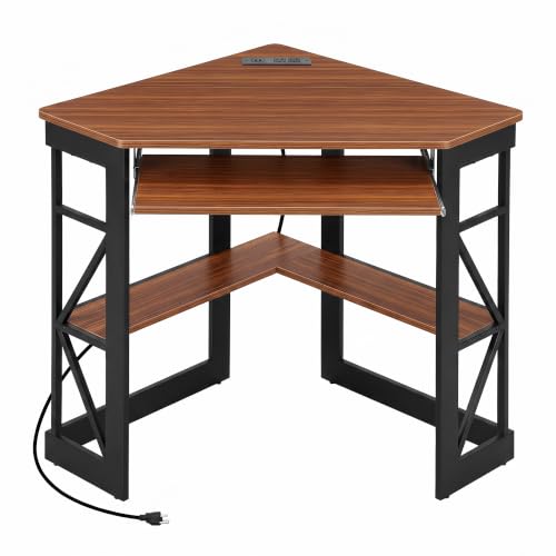 VECELO Corner Desk, Triangle Computer Desk for Small Space with Charging Station and Keyboard Tray, Corner Makeup Table with Storage Shelves for Home Office Bedroom, 41x30, Teak Brown - color: Teak Brown, size: 28" x 41" x 30"