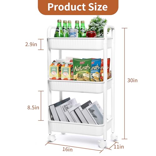 YSSOA Rolling Storage Cart, 3 Tier Slim Mobile Shelving Unit 360° Rotating Wheel Lockable Utility Cart, Ideal for Office, Kitchen, Bathroom, Laundry and Narrow Spaces, White - size: 3-Tier 11"Dx16"Wx30"H