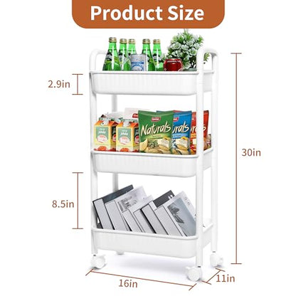 YSSOA Rolling Storage Cart, 3 Tier Slim Mobile Shelving Unit 360° Rotating Wheel Lockable Utility Cart, Ideal for Office, Kitchen, Bathroom, Laundry and Narrow Spaces, White - size: 3-Tier 11"Dx16"Wx30"H