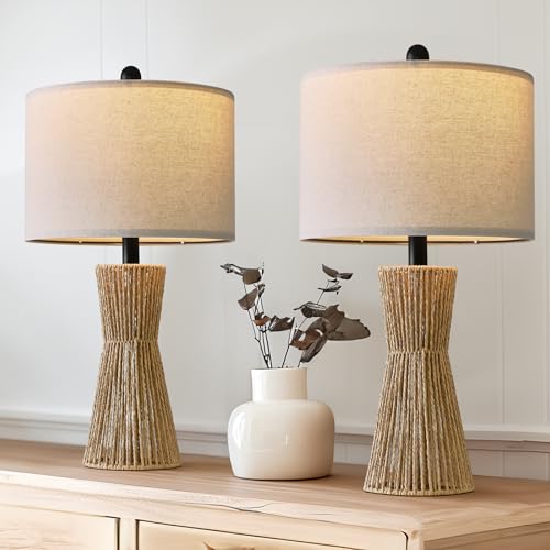 OYEARS 22.5" Table Lamps for Living Room,Boho Lamps Set of 2 for Bedrooms, Bedside Lamp for Nightstands, Rattan Lamp, Farmhouse Table Lamp for Room Decor, End Table, Retro, Brown（Not Include Bulbs） - color: Wood-Grain and Black