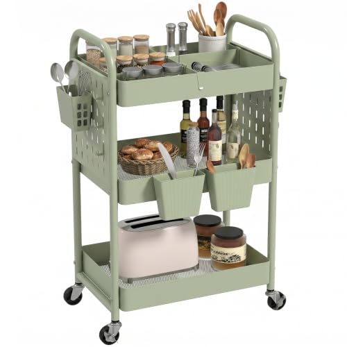 danpinera 3 Tier Rolling Cart with Retractable Dividers, Multi-Functional White Rolling Utility Cart with Pegboards, Hooks & Hanging Cups for Nursery, Living Room, Studio - color: Light Green