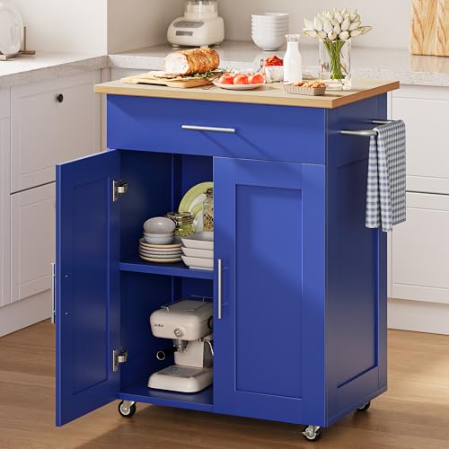 Mobile Kitchen Island on Wheels, Large Drawer, Blue | On Wheels, Large Drawer, Adjustable Shelf, Towel Rack, Rolling Island Table,for Kitchen & Dining Room - size: Small Kitchen Island, style: Modern Blue