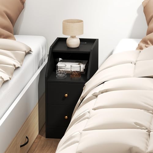 KOMFOTT Set of 2 Side Tables with Charging Station, End Tables with Storage Drawers, Sofa Couch Tables for Small Space, Modern Narrow Nightstands for Bedroom (Black,2) - color: Black