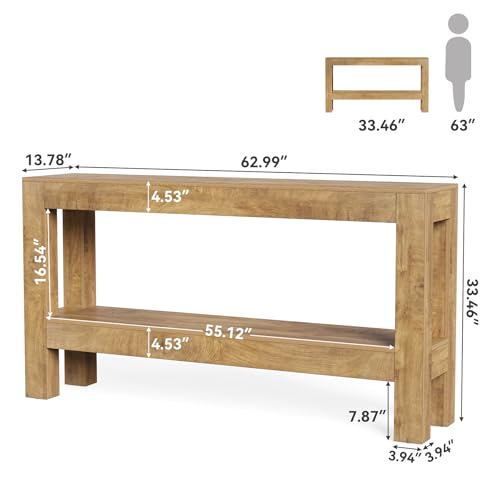 LITTLE TREE 63-Inch Long Console Table for Living Room, Farmhouse Wood Entryway Table for Sofa, Entry, Hallway, Entrance, Foyer, Behind Couch with 2-Tier Narrow Shelf, Oak - color: Oak