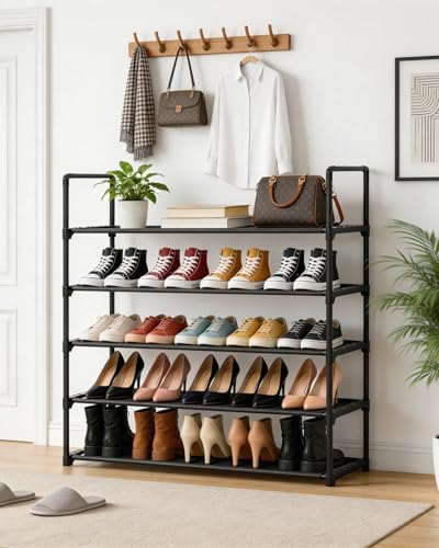 5 Tier Shoe Rack Large Capacity, 34.3" Wide Adjustable Shoe Organizer for 20-25 Pairs, Sturdy Non-Woven Shoe Rack Shelf Multi-Purpose Storage Unit for Closet, Hallway, Entryway,Garage,Black - size: 5-Tier(Black)-Wide