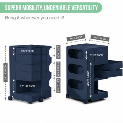 Rolling All-in-1 Utility Cart w Drawers for Arts and Craft + Designer Homes | 4 Swing-out Drawers + Open Shelves + Rolling Wheels For Kitchens, Salons, Home Offices, Hot Pot + Kids Rooms Dark Navy Blue - color: Navy Blue