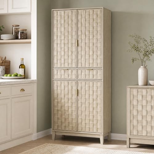 Pantry Cabinet, 71" Tall Pantry Cabinet,Modern Kitchen Cabinet with Doors, Drawers & Adjustable Shelves, Freestanding Food Pantry Cupboard with Side Rack for Kitchen Dining Room,Oak - color: Oak-new
