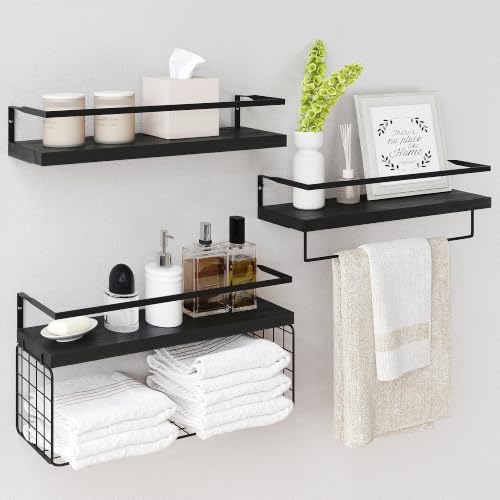 Black Wood Floating Shelves Wall Mounted - 3+1 Tier Rustic Bathroom Shelves Over Toilet with Wire Storage Basket &Towel Bar, Set of 3 Farmhouse Floating Shelf for Bathroom,Kitchen,Bedroom. - color: 3-tier Black Floating Shelves, size: 3-Tier
