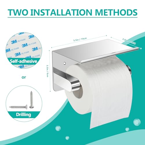 Self Adhesive Toilet Paper Holder with Phone Shelf Stainless Steel | Wall Mounted, Rustproof, 3M Adhesive, Includes 2 Hooks, No Drilling Required - color: Shiny