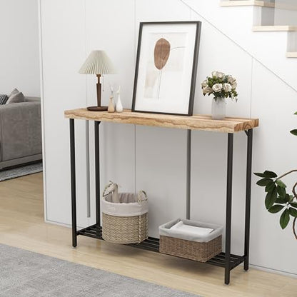 Acovy Industrial Solid Wood Console Table, 2 Tier Entryway Table with Storage Shelves, Narrow Sofa Table for Living Room, Hallway, Foyer, Entryway, Rustic Brown