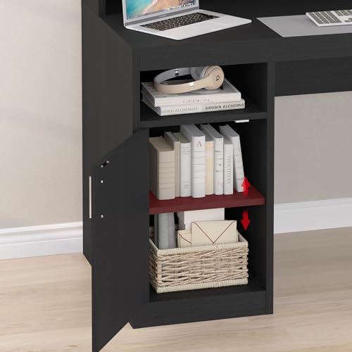 YOMILUVE Computer Desk with 3 Drawer & Storage Shelves, Home Office Desk with File Drawer & Cabinet, Writing Study Table with Long Monitor Stand & Printer Shelf, Executive Desk, Black - color: Black