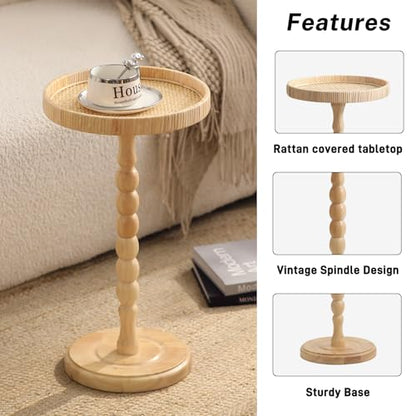 Small Side Table，Rattan Round Drink Tables for Small Spaces, Boho Circle Accent Table Coffee Table with Solid Wood Leg for Living Room, Pedestal Table for Bedroom, Corners - size: High: 21.4", style: Boho side table B